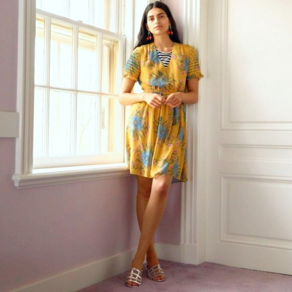 Madewell Sweetgrass Ruffle Sleeve Mini Dress in Painted Blooms Yellow & Blue 6 - Picture 5 of 16